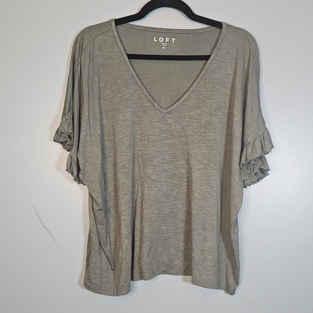 Loft Womens Olive Green Slub Knit V-Neck Ruffle Short Sleeve Top Size M